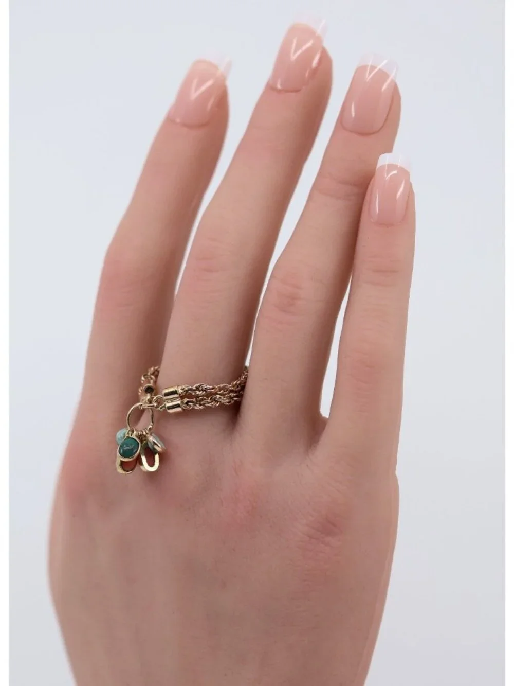 18K Solid Yellow Gold Coral & Turquoise Dangle Double Rope Chain Ring -Size 9.50